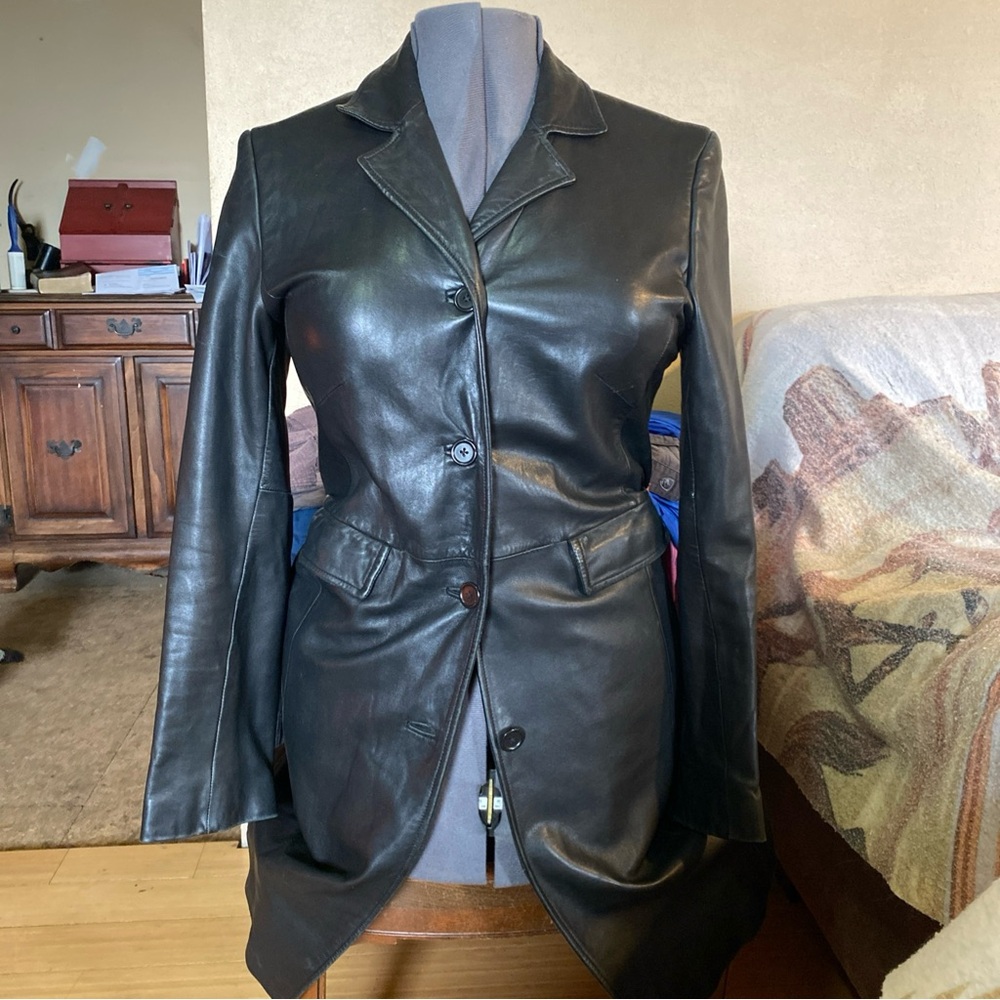 🛑SOLD🛑Women’s Ann Taylor Black Leather Jacket Long  Size Small Button Up